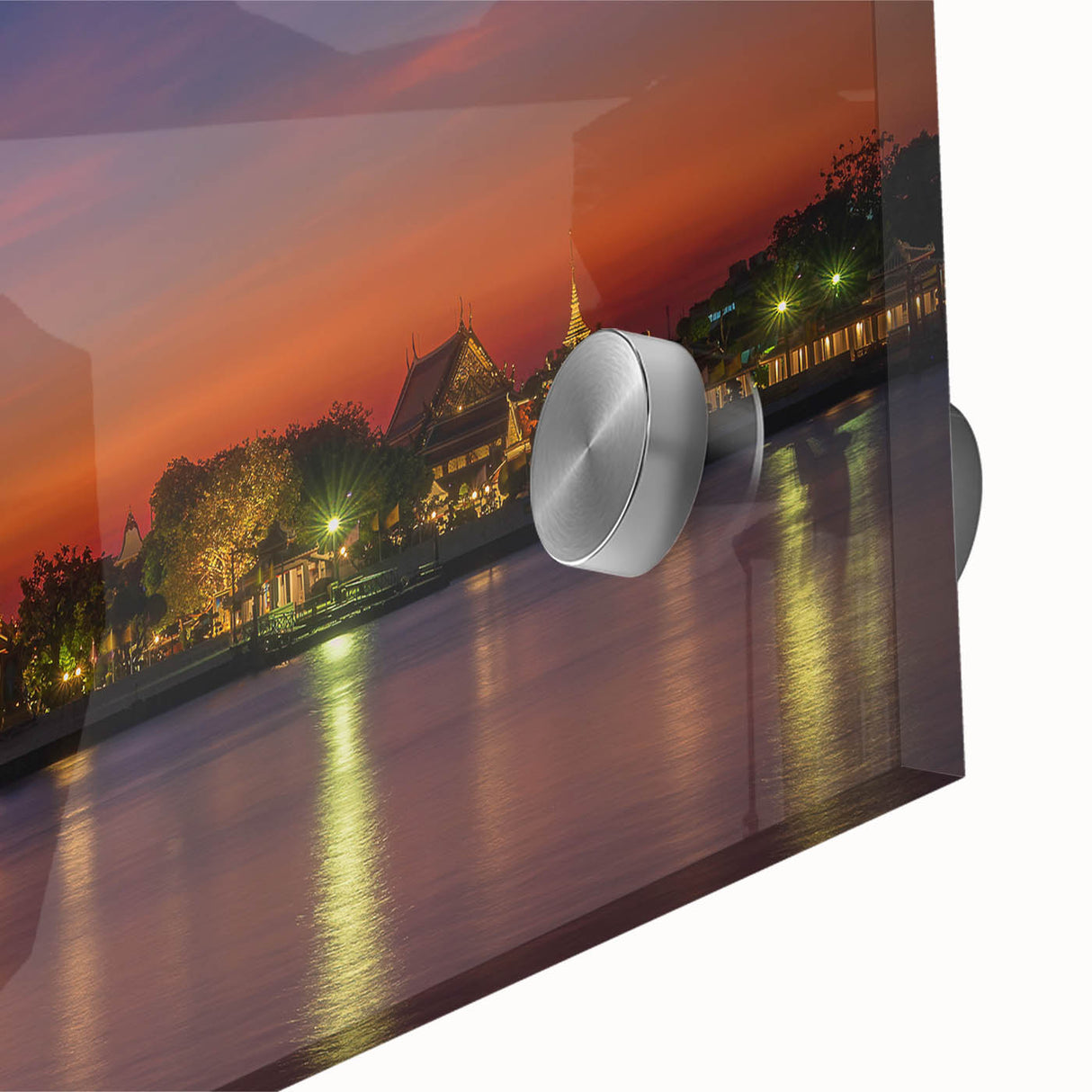 Large abstract wall art featuring Bangkok skyline in muted gray and blue tones on acrylic glass.