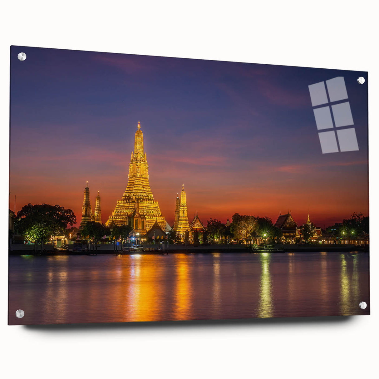 Acrylic print of a large abstract depiction of Bangkok in muted gold and blue tones, ideal for dining room decor.