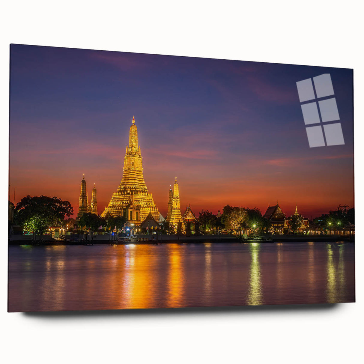 Large abstract wall art of Bangkok skyline in muted gray and blue tones on acrylic glass.
