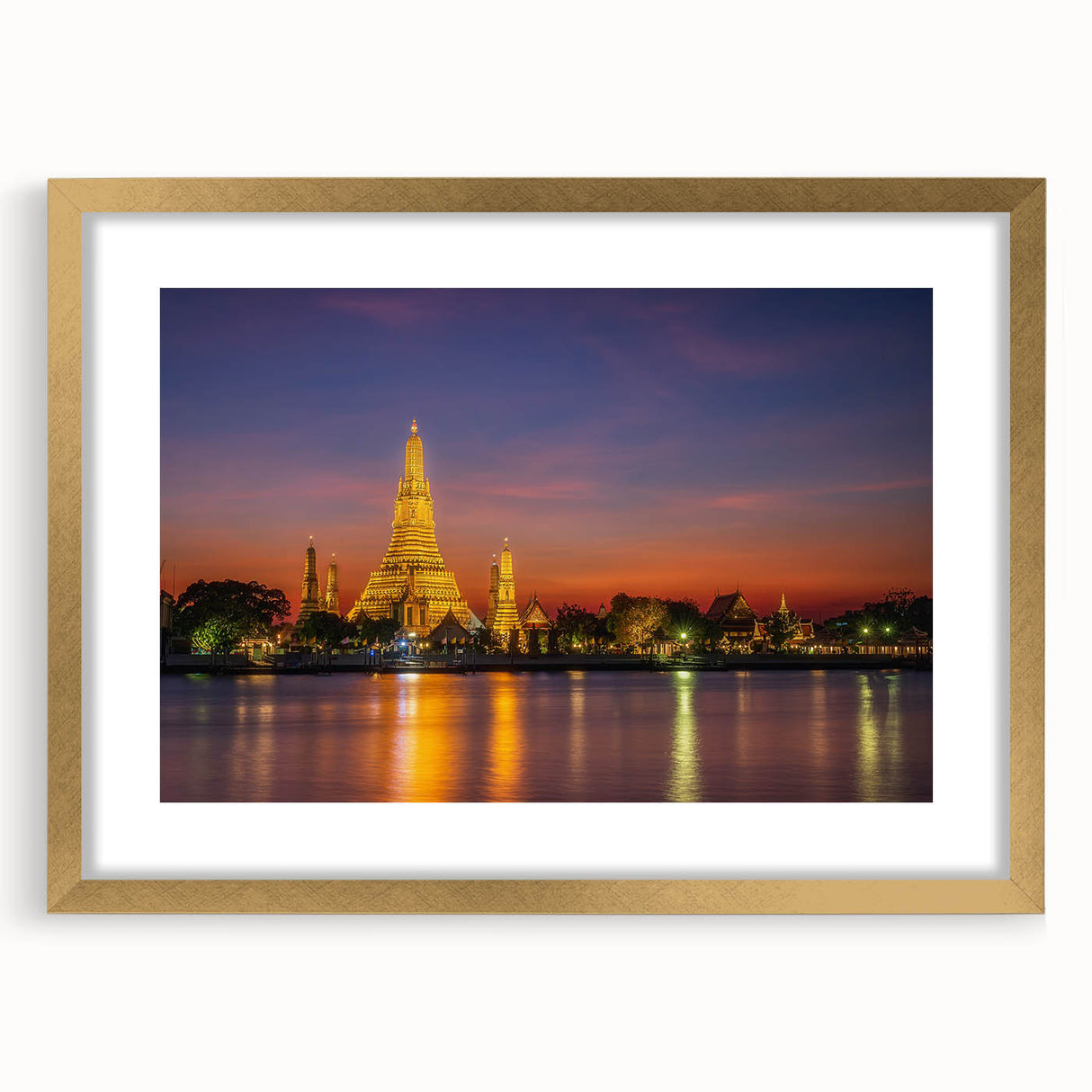 Extra large abstract art print of Bangkok scenery in textured gold frame, ideal for living room decor.