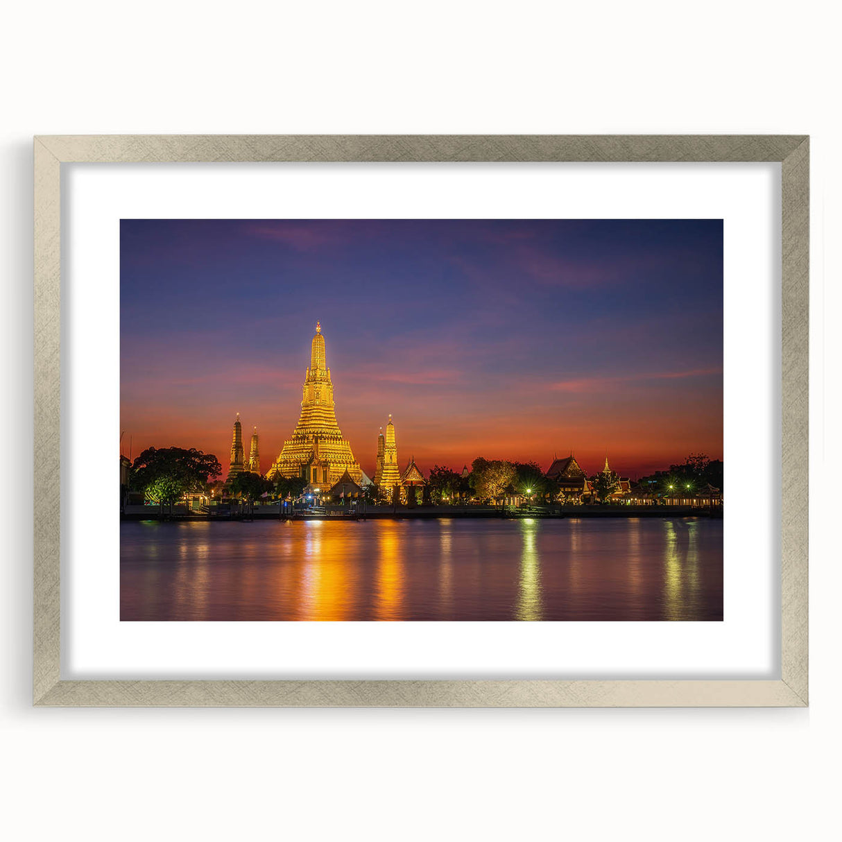 Textured abstract art print of Bangkok scenery in muted earth tones on a framed silver canvas, suitable for bedroom decor.