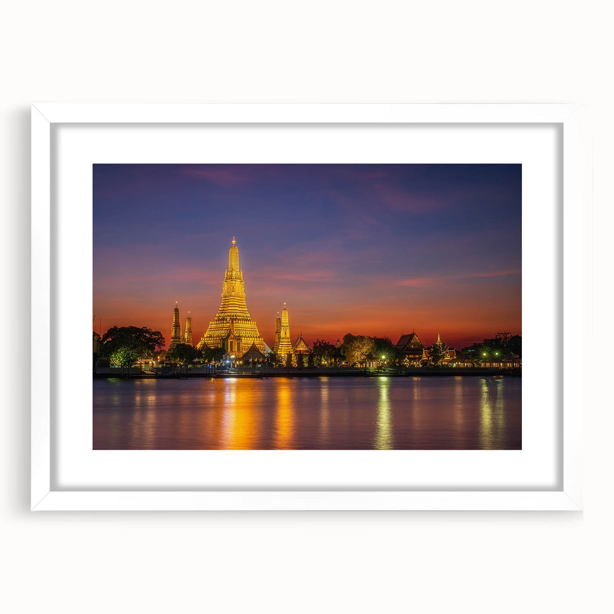 Abstract art print of Bangkok skyline in muted gray and blue tones on a framed white mat, ideal for dining room decor.