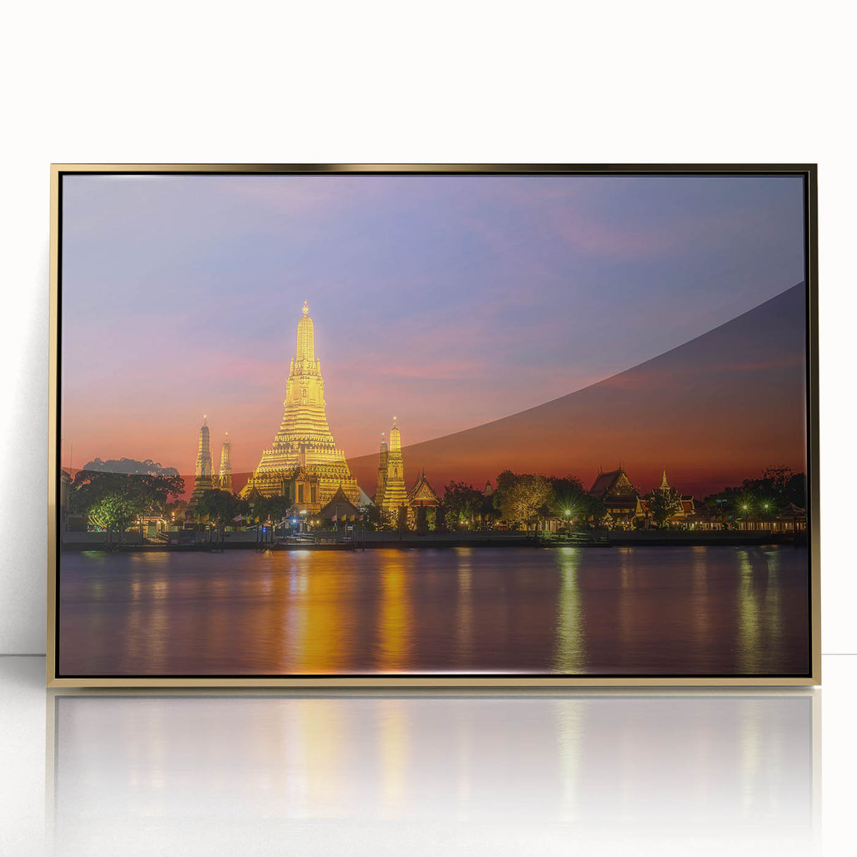 Acrylic print of Bangkok scenery with golden hues and mid-century modernist style, suitable for modern art wall decor.