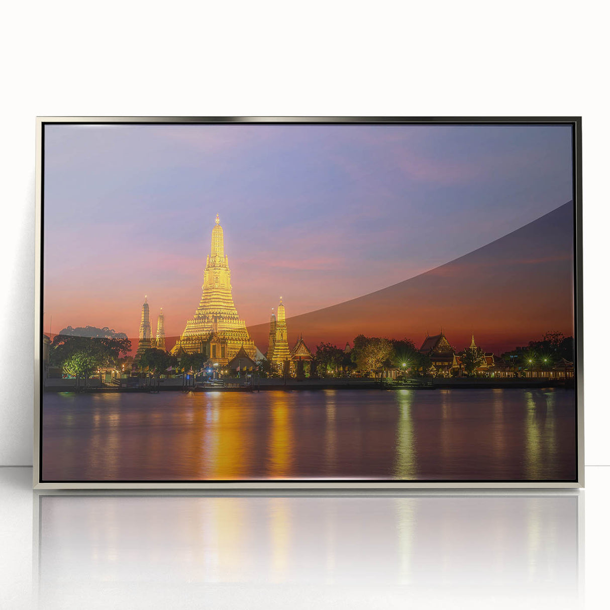 Mid-century modernist art of Bangkok skyline in muted silver tones on framed acrylic, suitable for modern art wall decor.
