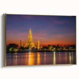 Framed canvas wall art featuring a vintage-style Bangkok landscape in black and gold tones, ideal for bedroom decor.
