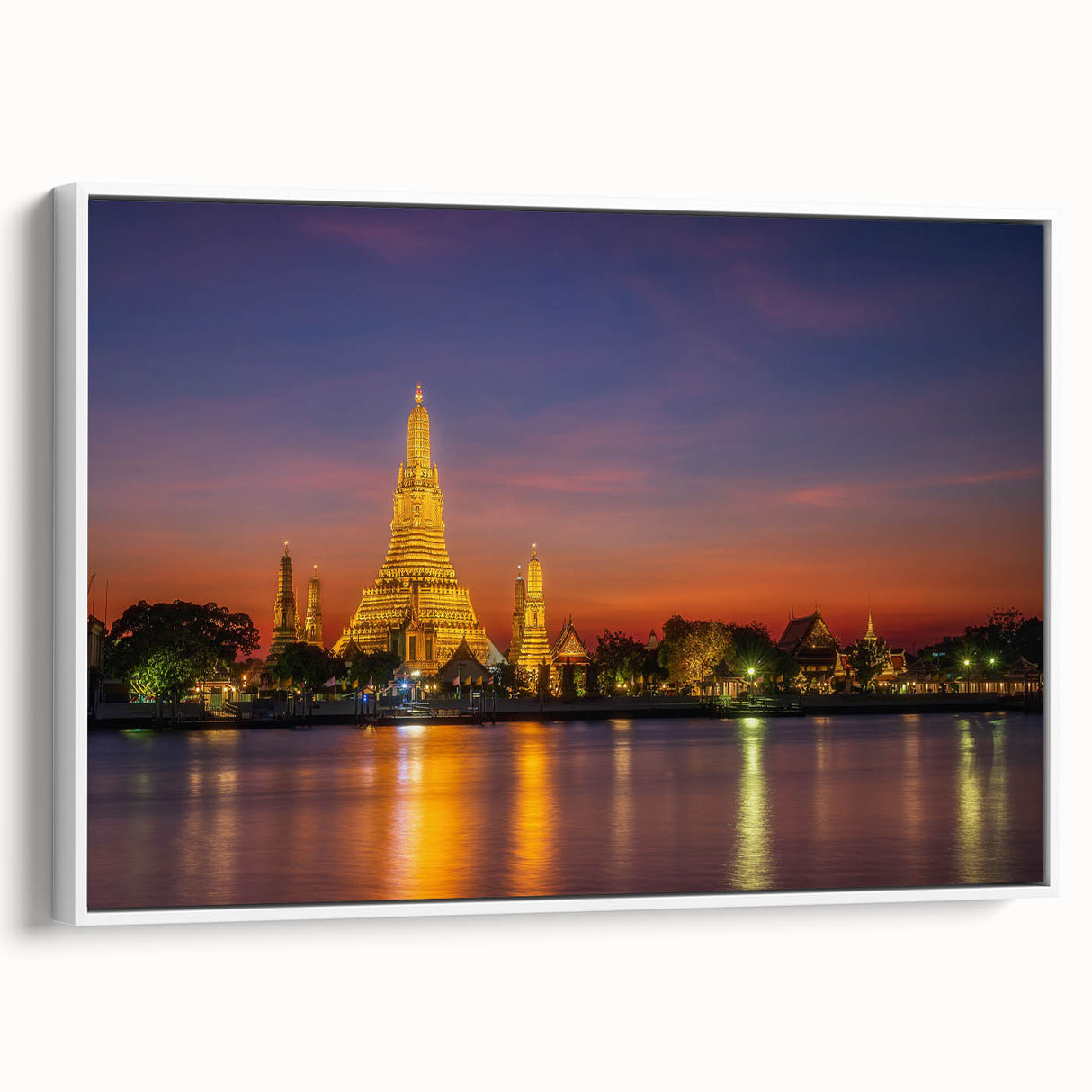 Vintage poster art of Bangkok skyline in vibrant colors on extra large framed canvas, ideal for living room decor.