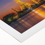 Art deco poster of Bangkok skyline in muted gold and navy hues on rolled canvas, suitable for dining room wall art.