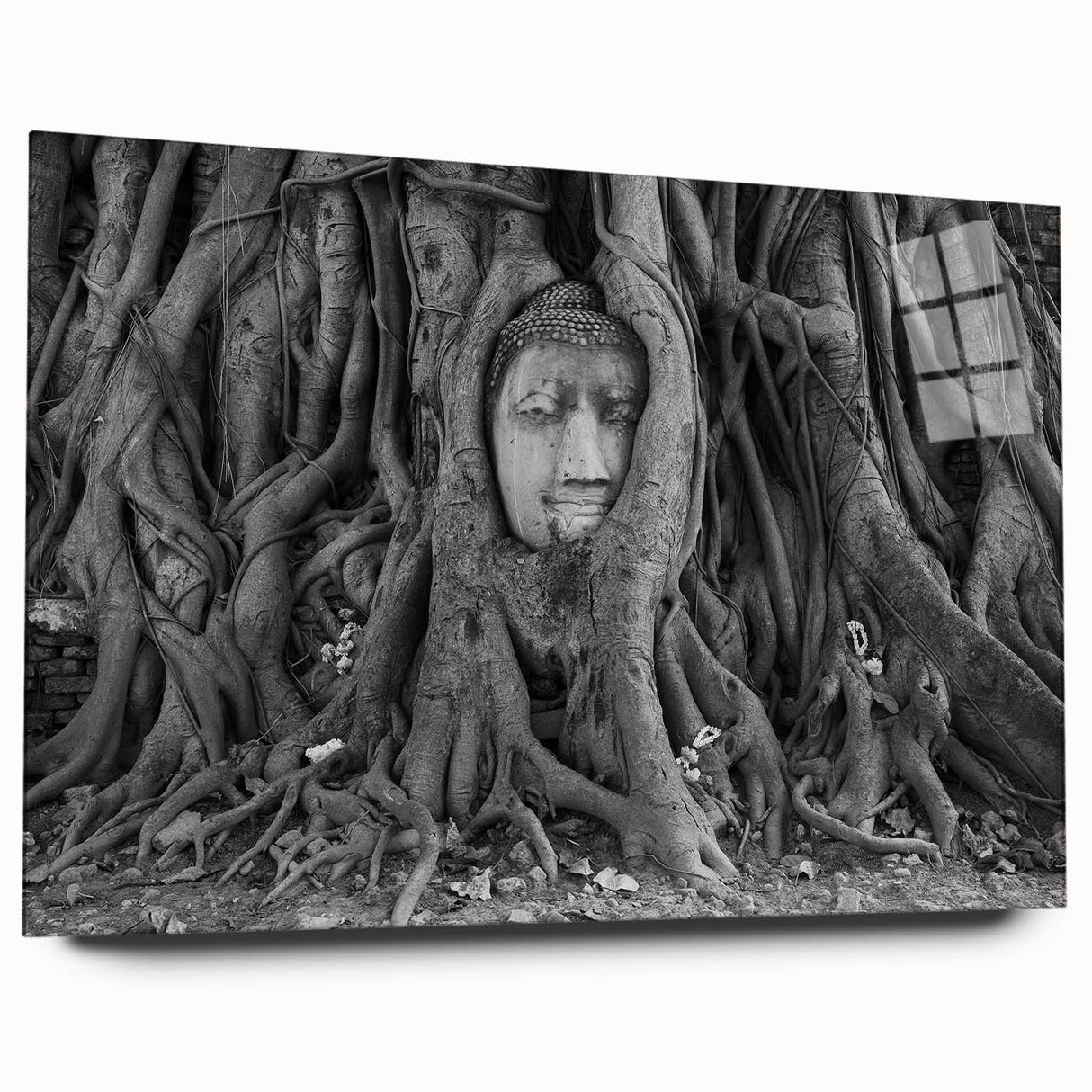 Large abstract wall art depicting a serene Thai landscape in muted greens and blues on acrylic glass.