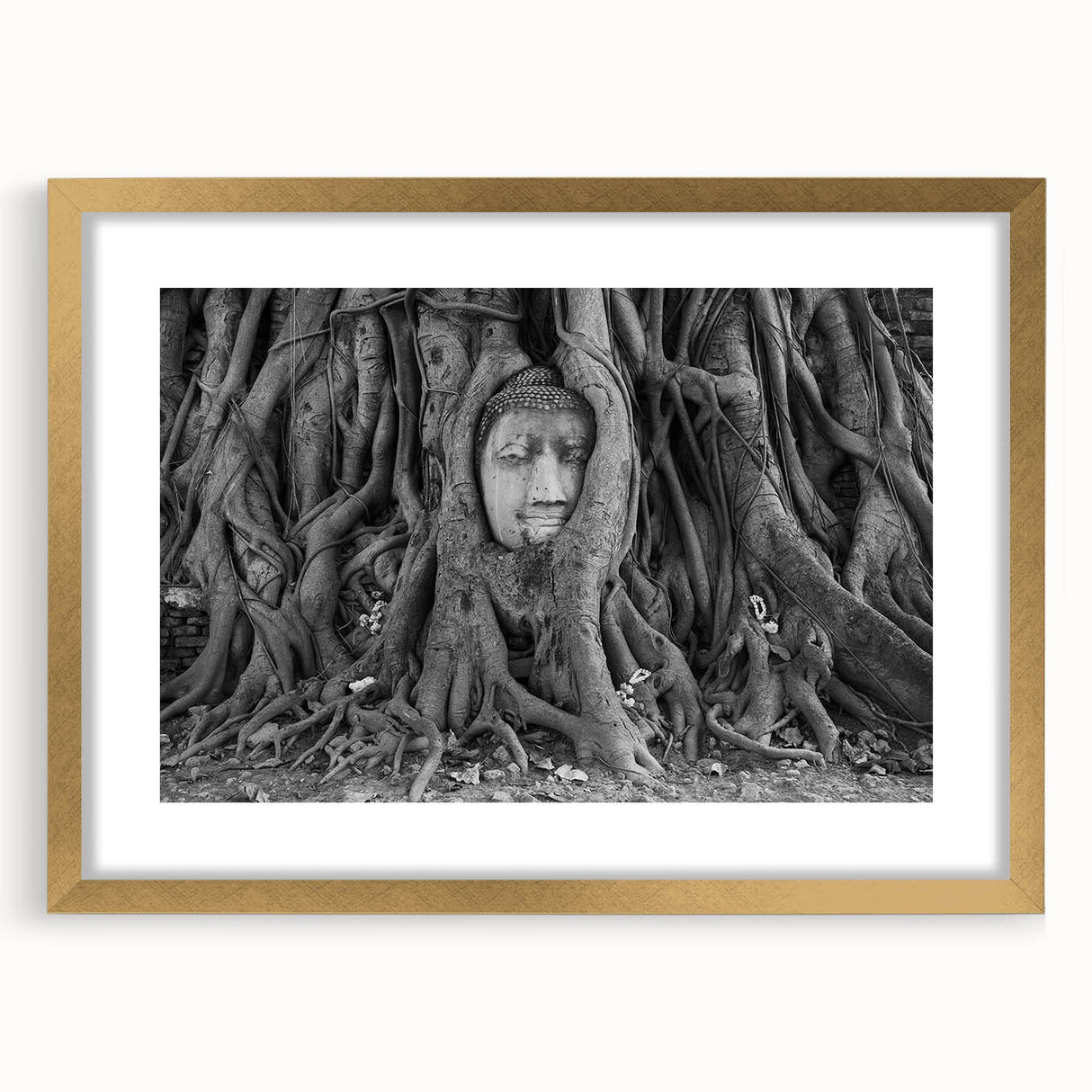 Extra large abstract art print of a textured Thai scenery in muted gold tones, framed with a mat.
