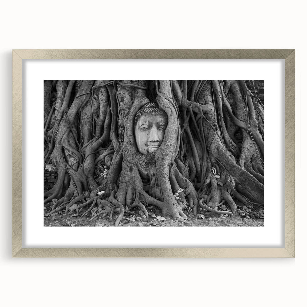 Abstract textured art print depicting a serene Thai landscape in muted earth tones, framed in silver.