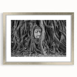 Abstract textured art print depicting a serene Thai landscape in muted earth tones, framed in silver.