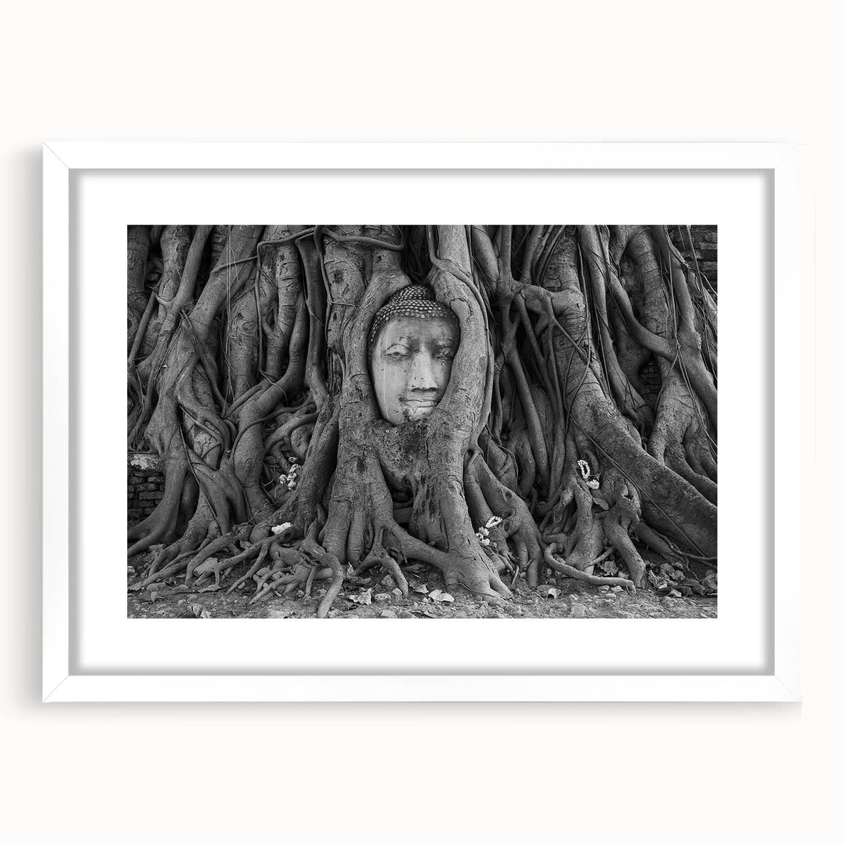 Abstract art print of a Thai landscape in muted earth tones on a framed white mat, ideal for dining room decor.