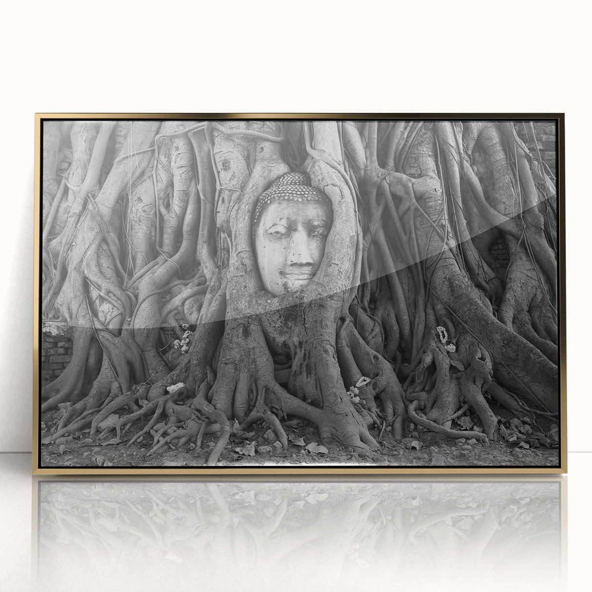Large art print of a Thai landscape in gold and green tones on framed acrylic, ideal for modern art wall decor.