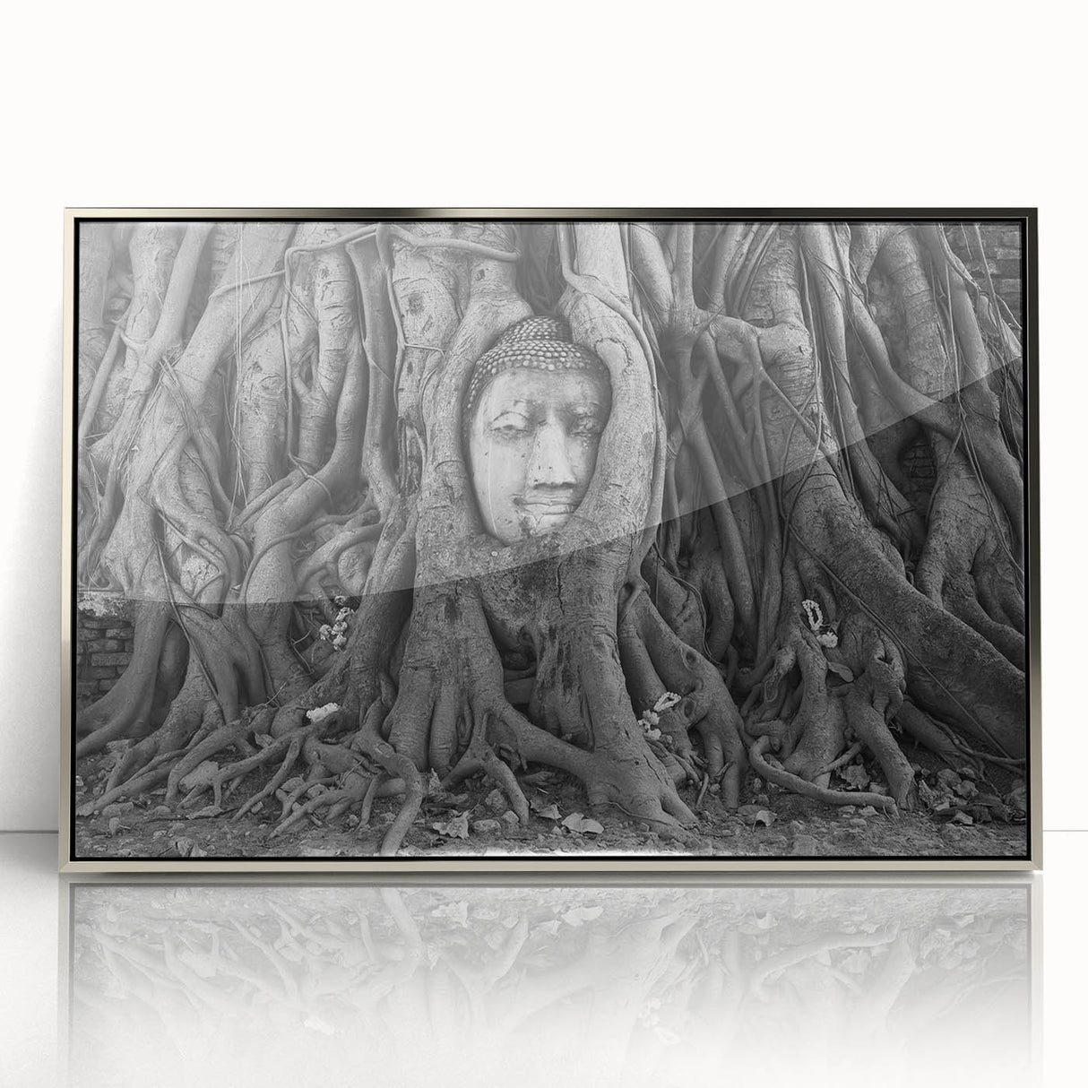 Mid-century modernist art depicting a serene Thai landscape in muted earth tones, presented as a framed acrylic print.