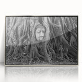 Mid-century modernist art depicting a serene Thai landscape in muted earth tones, presented as a framed acrylic print.