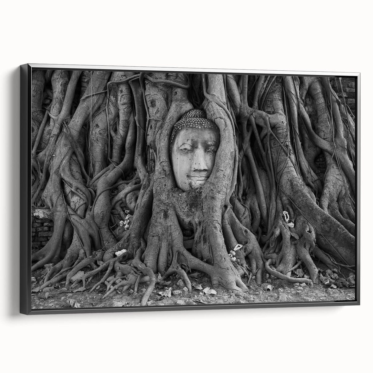 Black and white wall art featuring a Thai landscape on a framed canvas, suitable for bedroom decor.