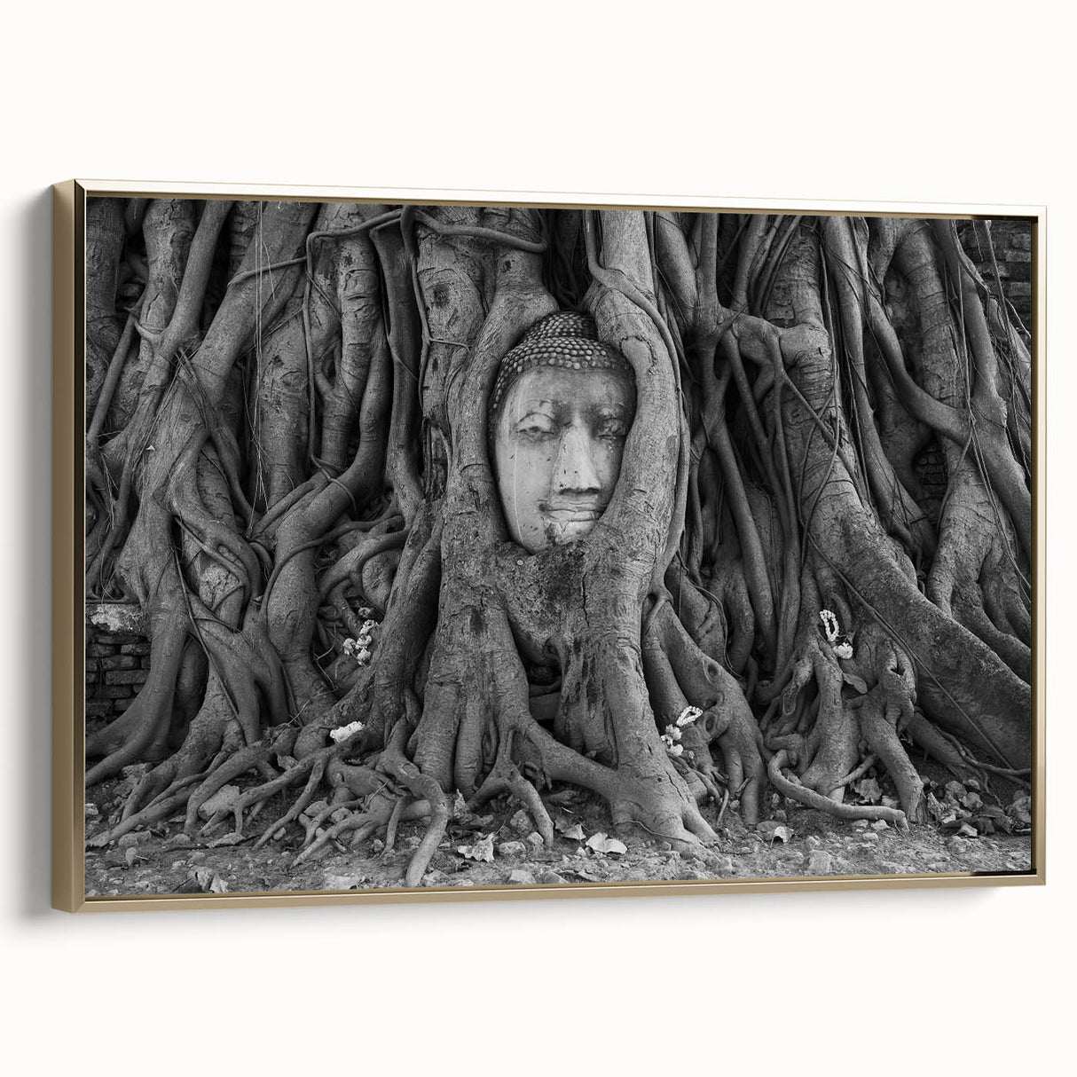 Framed canvas featuring a vintage-style Thai landscape in muted gold and black tones, ideal for bedroom wall decor.