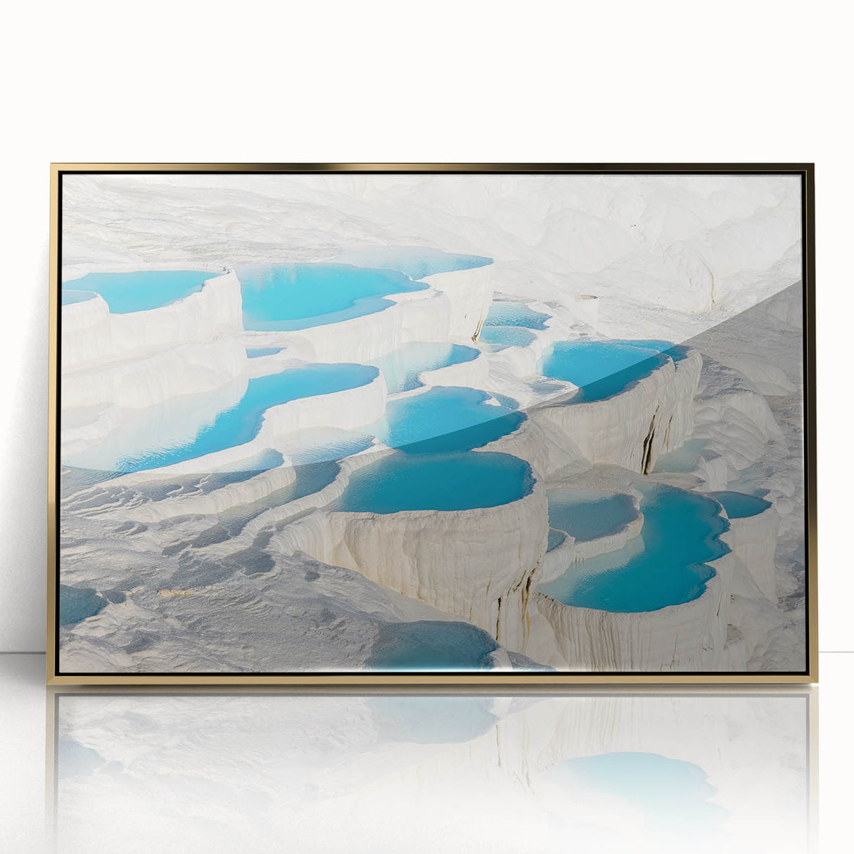 Large acrylic print of a scenic Turkish landscape in gold tones, framed, ideal for modern art wall decor.