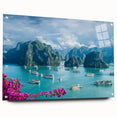 Acrylic print of a Vietnamese landscape, featuring lush greenery and mountains, in muted earth tones.