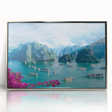 Mid-century modernist art depicting a serene Vietnamese landscape in soft green and blue tones, framed in silver acrylic.