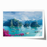Extra large rolled print of a Vietnamese landscape with vibrant green and blue tones, ideal for dining room wall art.