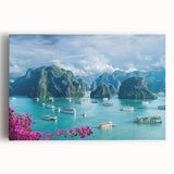 Black and white stretched canvas featuring a panoramic Vietnamese landscape, ideal for kitchen wall art.