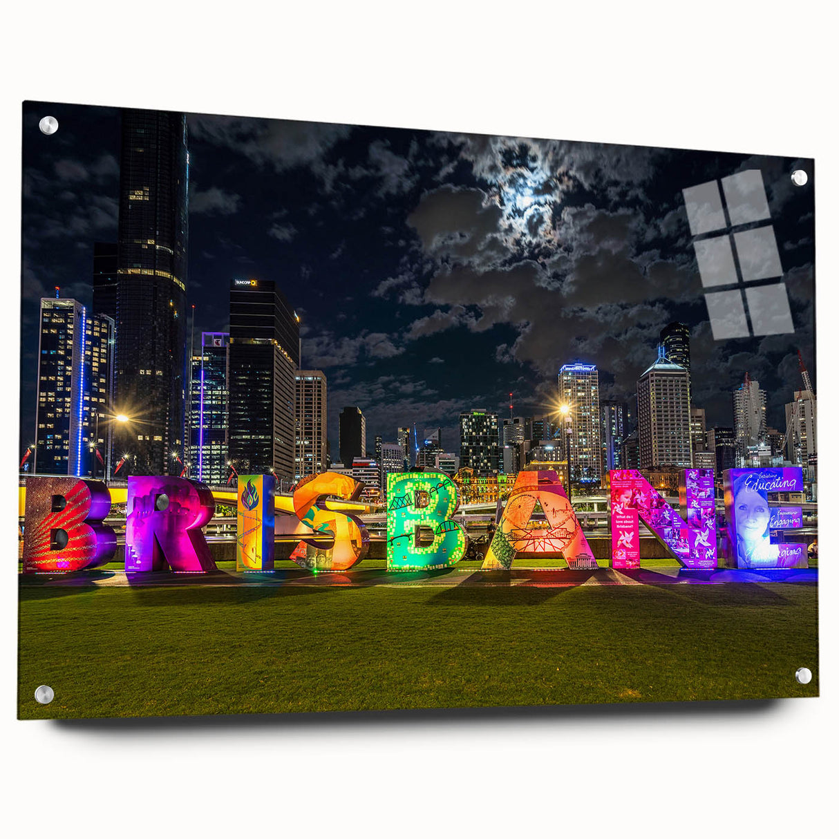 Acrylic print of a large abstract depiction of Brisbane scenery, using cool blue and green tones.