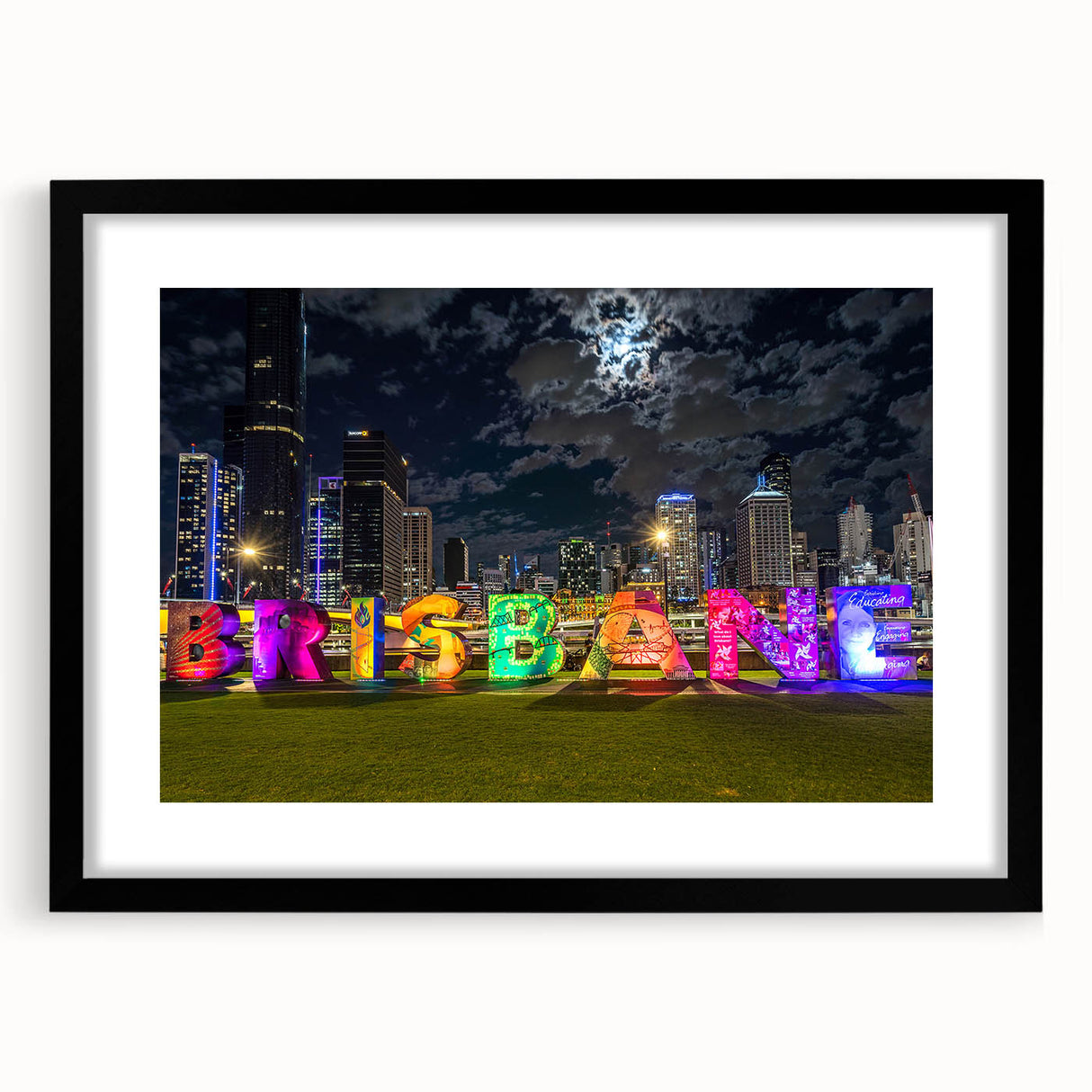 Extra large abstract art print of colorful, textured Brisbane scenery on a black framed canvas, ideal for living room decor.