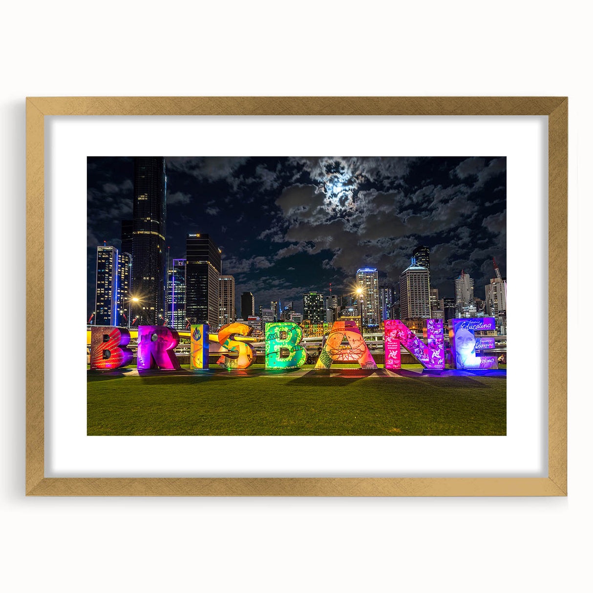 Textured abstract art print of Brisbane scenery in muted gold and gray tones on a framed canvas, ideal for bedroom art.