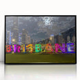 Large abstract wall art depicting Brisbane's skyline in muted gray tones on a framed acrylic.