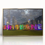 Mid-century modernist art depicting Brisbane skyline in muted gold and blue tones on a framed acrylic panel.