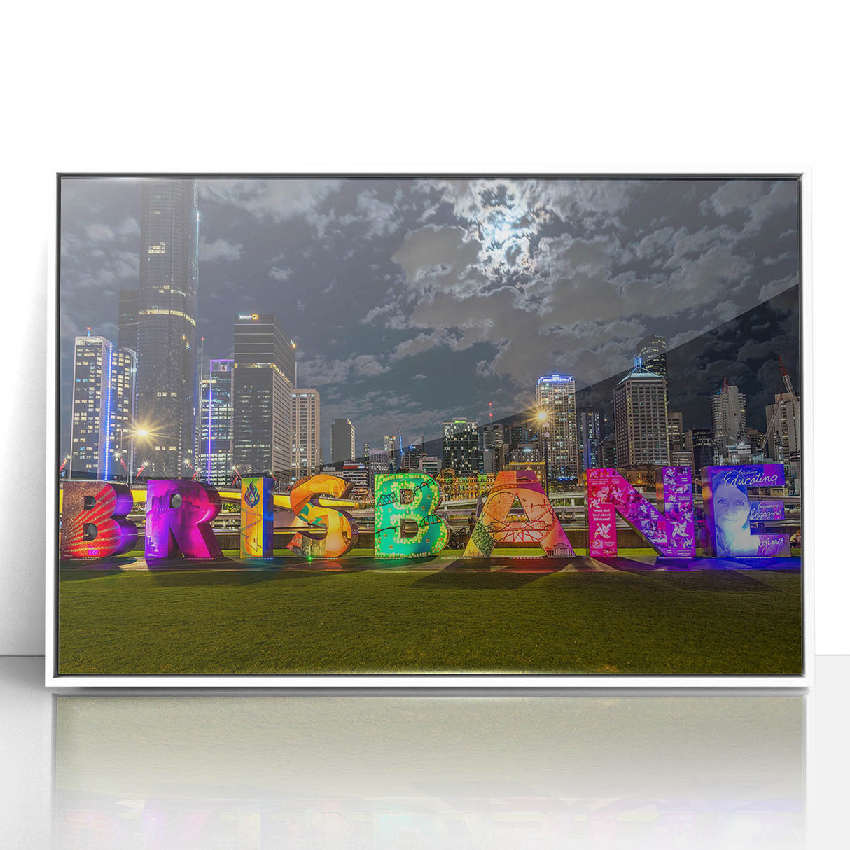 Framed acrylic print of Brisbane skyline in pastel colors, ideal for modern art wall decor.