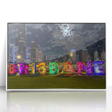 Framed acrylic print of Brisbane skyline in pastel colors, ideal for modern art wall decor.