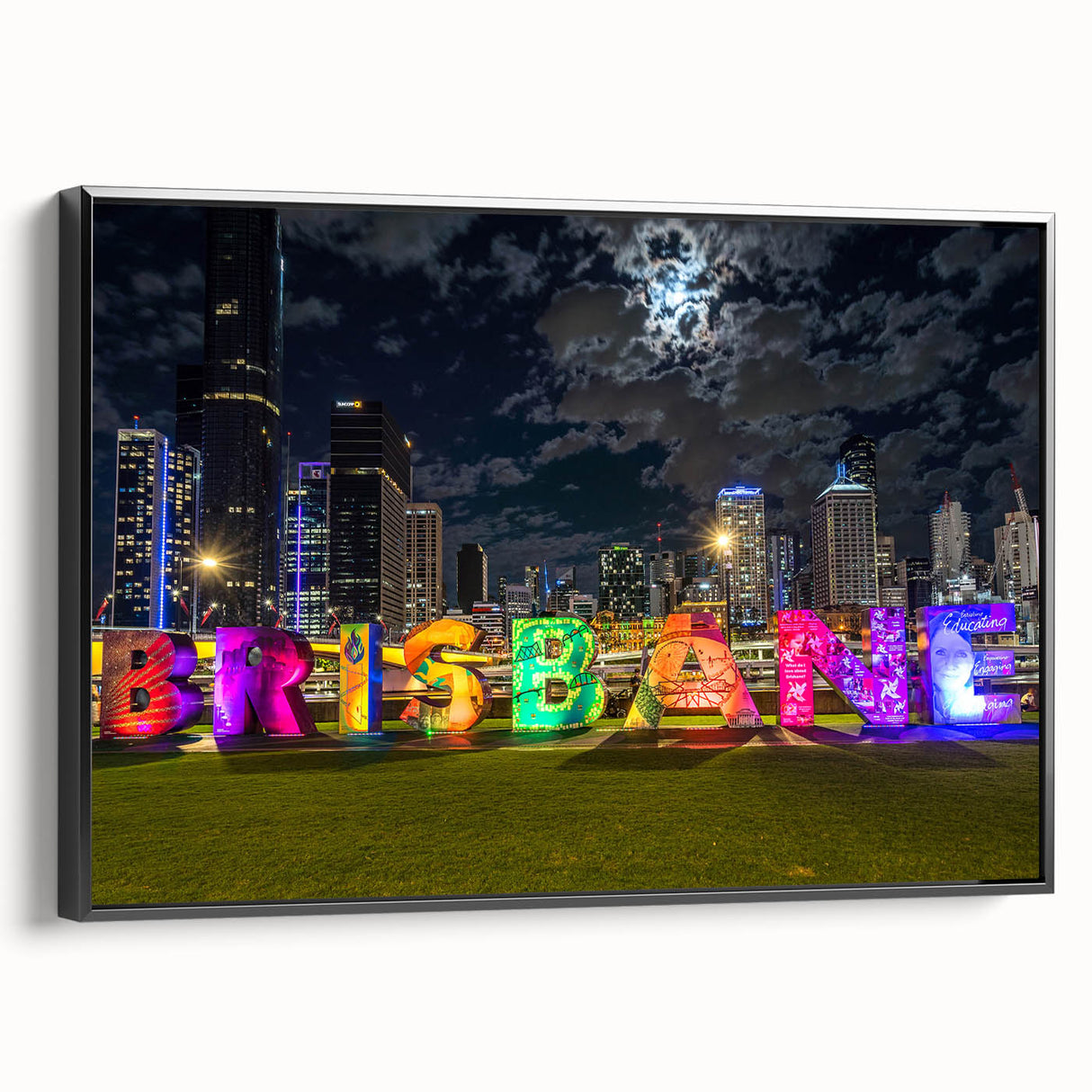 Framed canvas of a black and white vintage poster depicting the Brisbane skyline, ideal for bedroom wall decor.