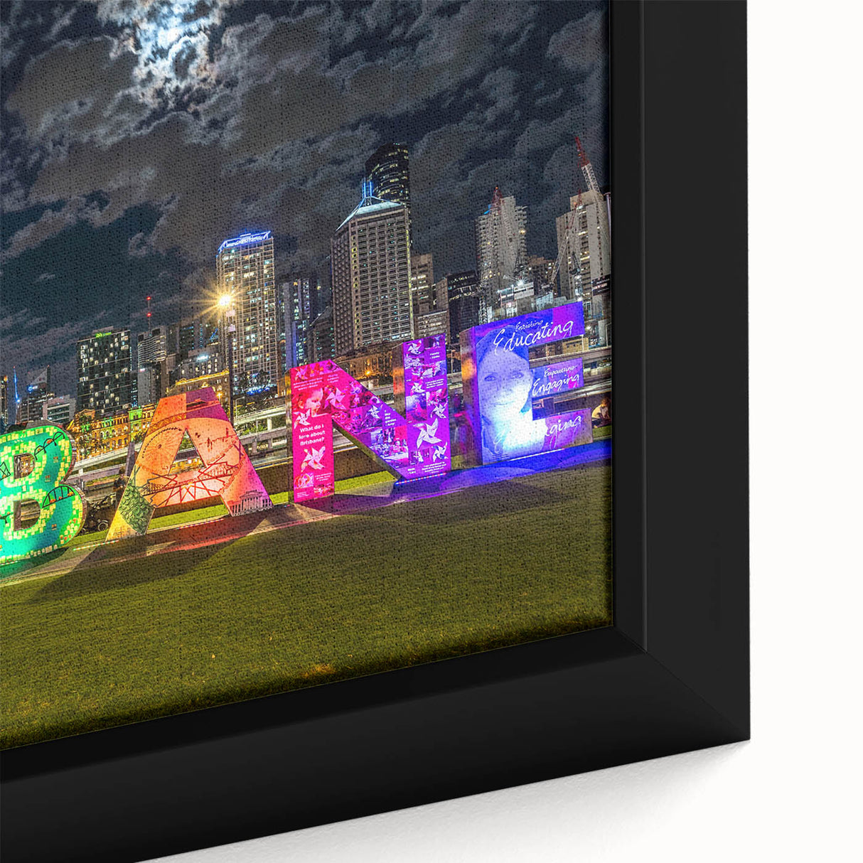 Extra large framed canvas featuring a textured depiction of the Brisbane skyline in black with colorful art accents.