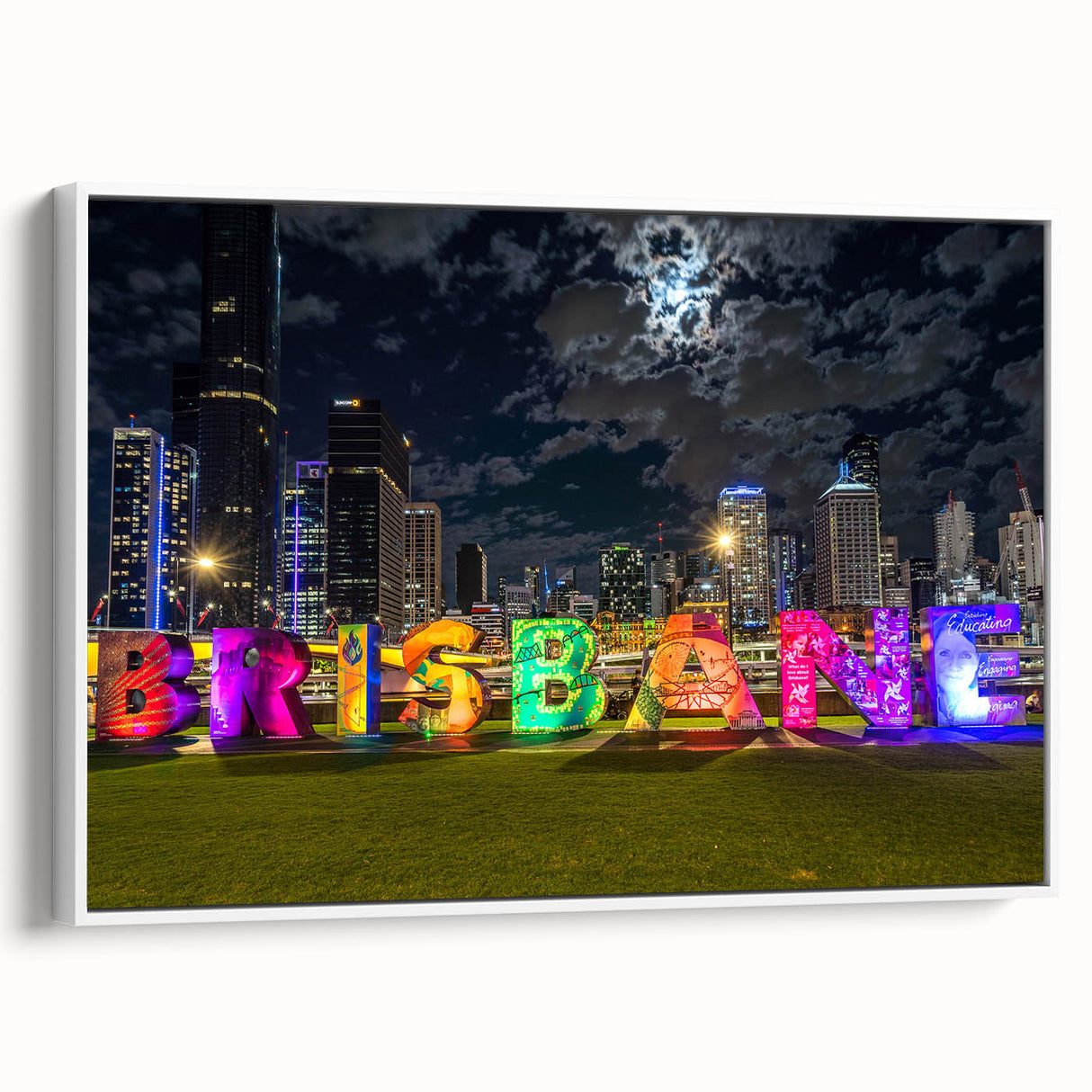 Framed canvas of a Brisbane landscape in black and white, ideal for bedroom wall art.