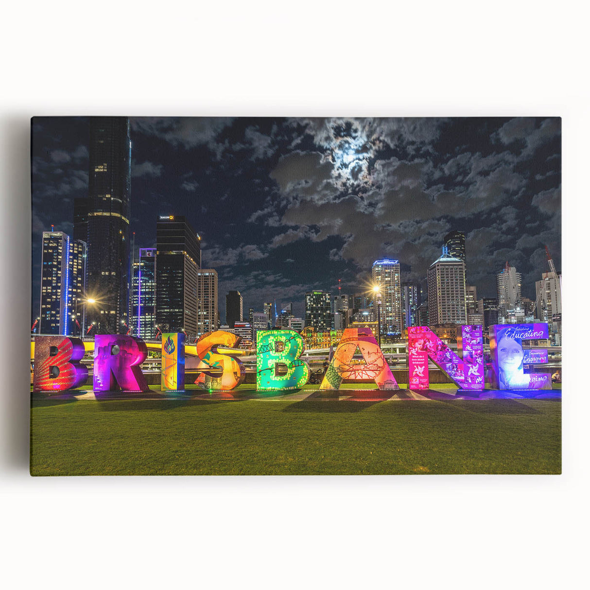 Black and white large art print of Brisbane skyline on stretched canvas, suitable for kitchen wall art.