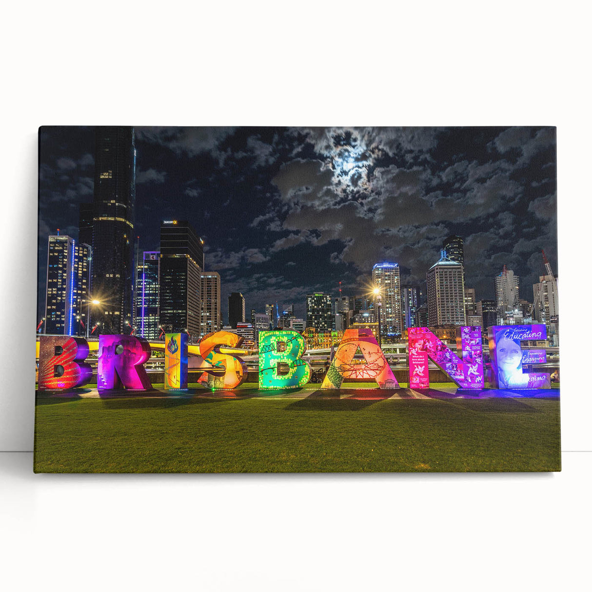 Black and white stretched canvas of Brisbane skyline, ideal for kitchen wall art or bedroom ambiance.