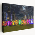 Panoramic view of Brisbane skyline in muted colors on large stretched canvas, suitable for kitchen wall art.
