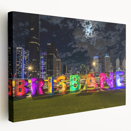 Panoramic view of Brisbane skyline in muted colors on large stretched canvas, suitable for kitchen wall art.