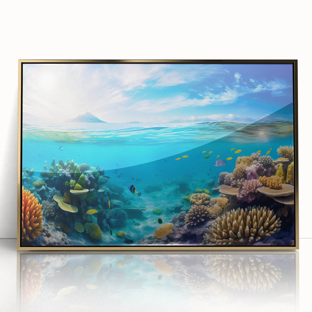 Mid-century modernist art of the Great Barrier Reef in vibrant blue tones on a framed acrylic.