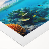 Art deco poster of the Great Barrier Reef in vibrant blue and green tones on rolled canvas, suitable for dining room decor.