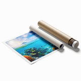 Extra large rolled print of the Great Barrier Reef in vibrant blues and greens, suitable for classy bathroom wall art.