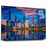 Acrylic print of Perth, Australia skyline in muted blue and gray tones, ideal for dining room decor.