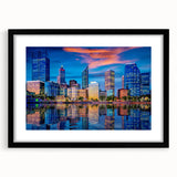 Extra large abstract art print depicting a colorful, textured Perth scenery on a black framed canvas.