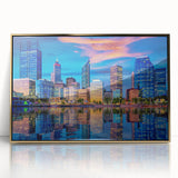 Mid-century modernist art depicting the Perth skyline in muted gold and blue tones on a framed acrylic print.