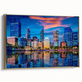 Framed canvas of a vintage-style Perth landscape painting with vibrant colors on a black background.