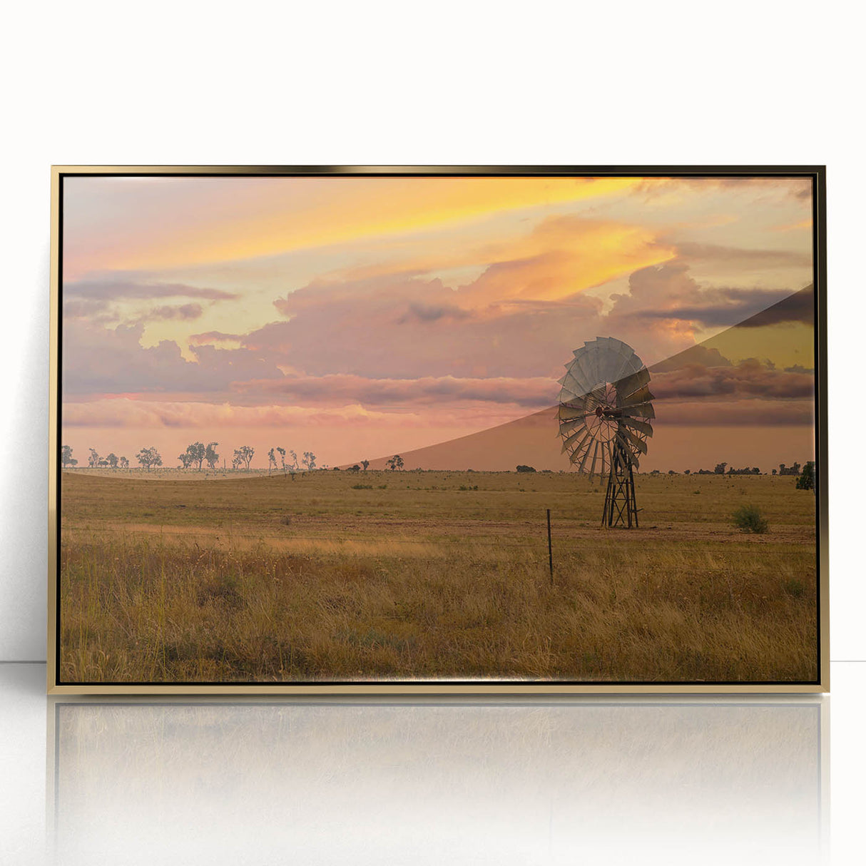 Mid-century modernist art depicting an Australian Queensland landscape, framed in acrylic with gold accents.