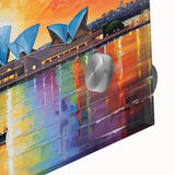 Large abstract depiction of Sydney landscape on acrylic, in muted earth tones, ideal for dining room art.