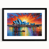 Extra large abstract art print of Sydney scenery in vibrant colors on textured canvas, ideal for living room decor.